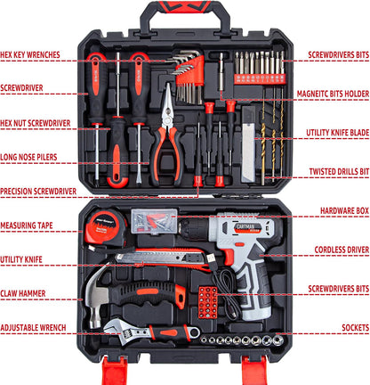 CARTMAN 150PCS 8V Cordless Drill Hand Tool Set, Purple Household Repair Kit | All-Inclusive Tool Assortment With 8V Drill, Great For Home Upkeep, DIY Crafting And Daily Household Fixes