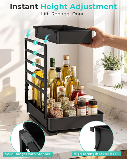 EVERIE Height Adjustable 2 Tier Metal Pull Out Slide Shelf Organizer for Under Sink Cabinets in Kitchen, Bathroom, with Snap-on Top Tray, 16" Deep (Black, 2 Sets) | Pull Out