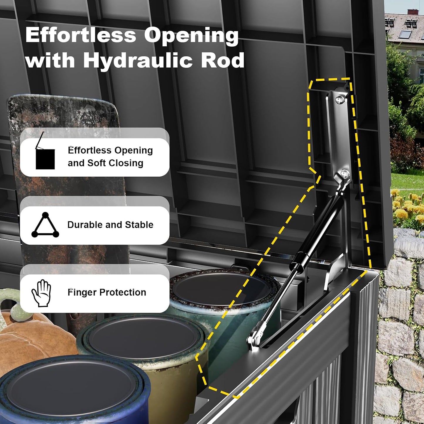 320 Gallon Waterproof Outdoor Storage Box, UV Resistant Resin Deck Box with Hydraulic Rod for Reinforced Stability, Perfect for Patio, Garden, and Pool（Black，320 Gallon）