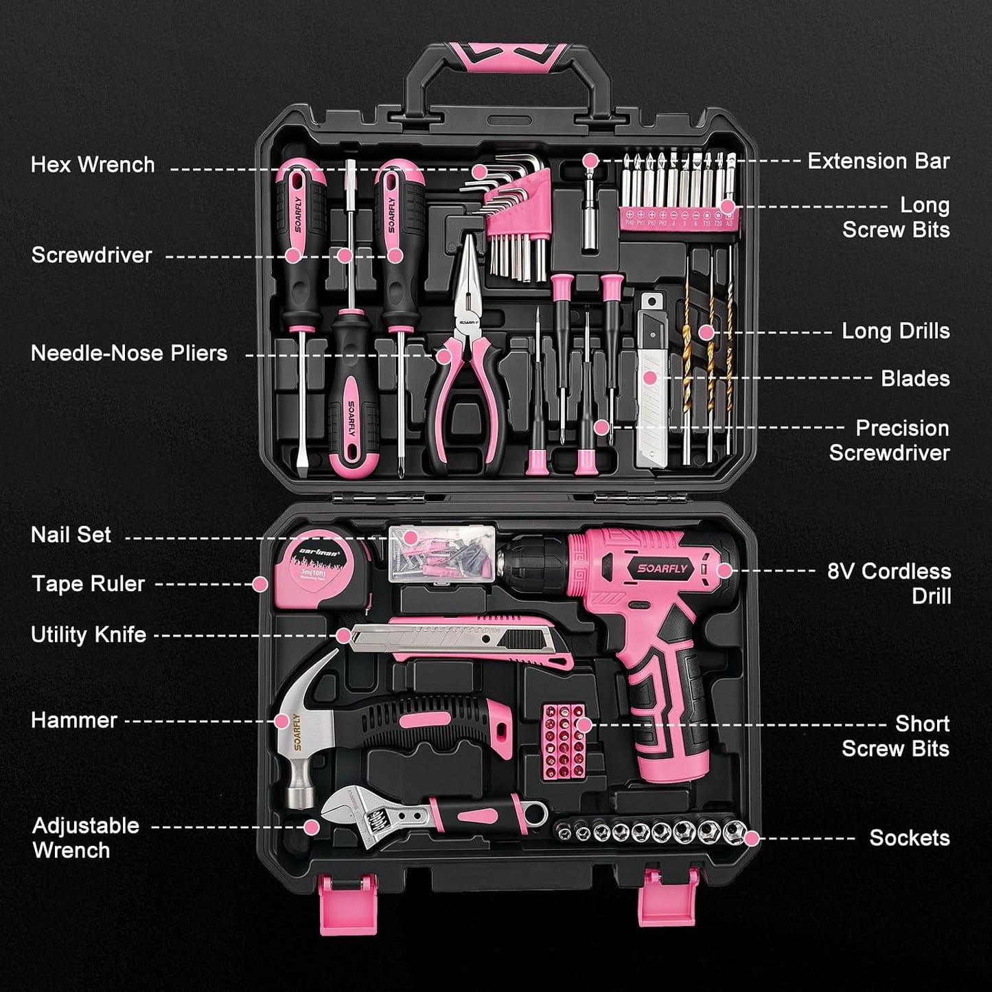 Upgraded 180 Piece Tool Set, Tool Kit with 8V Cordless Drill Set, General Household Hand Drill Kit for Men and Women, Plastic Storage Toolbox for DIYers, Home Maintenance and Everyday Repairs(Orange)