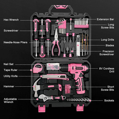 Upgraded 180 Piece Tool Set, Tool Kit with 8V Cordless Drill Set, General Household Hand Drill Kit for Men and Women, Plastic Storage Toolbox for DIYers, Home Maintenance and Everyday Repairs(Orange)