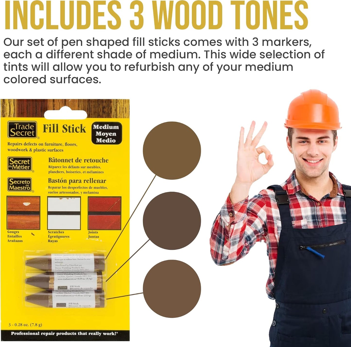 Wood Scratch Repair Fill Stick for Light Surfaces (Set of 3), Great for Touch-Ups and Repairs on Hardwoods Floors, Furniture, Cabinets and Plastic Surfaces.
