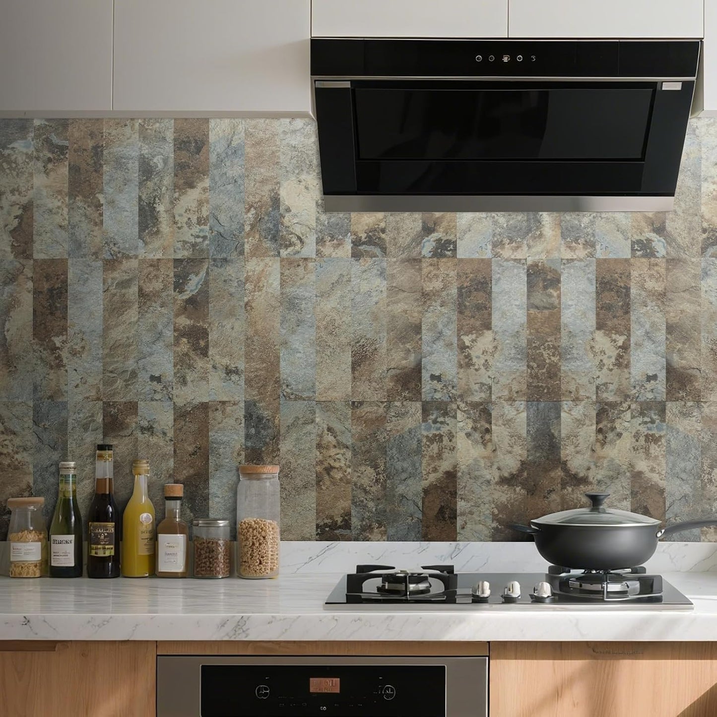 AULIGET 40-Piece Polished White Marble with Gold Peel and Stick Backsplash Wall Tiles, 3" x 12" PVC Faux Stone Stick on Tiles for Backsplash Kitchen, Bathroom, Laundry Room, Camper, Fireplace