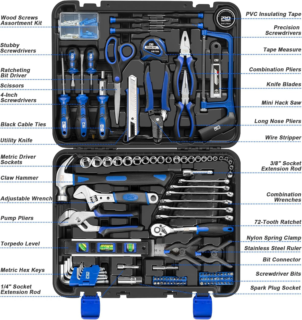Prostormer 259-Piece Tool Kit, General Household Hand Tool Set with Plastic Storage Toolbox, Portable Complete Repair Tool Box for Home and Car (Blue)