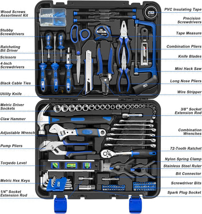 Prostormer 259-Piece Tool Kit, General Household Hand Tool Set with Plastic Storage Toolbox, Portable Complete Repair Tool Box for Home and Car (Blue)