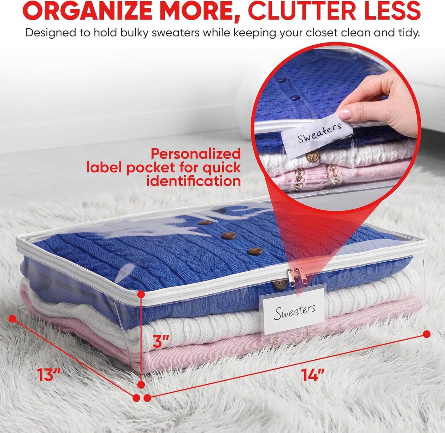 Masirs Clear Blanket Storage Bag (2-Pack) - Vinyl Clothing Organizers with Zipper & Label Pocket - Protects from Dust, Moisture & Dirt - Ideal for Underbed Storage Sheets, Comforters & Bedding