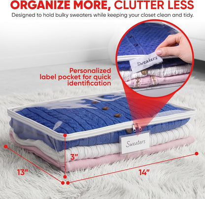 Masirs Clear Blanket Storage Bag (2-Pack) - Vinyl Clothing Organizers with Zipper & Label Pocket - Protects from Dust, Moisture & Dirt - Ideal for Underbed Storage Sheets, Comforters & Bedding