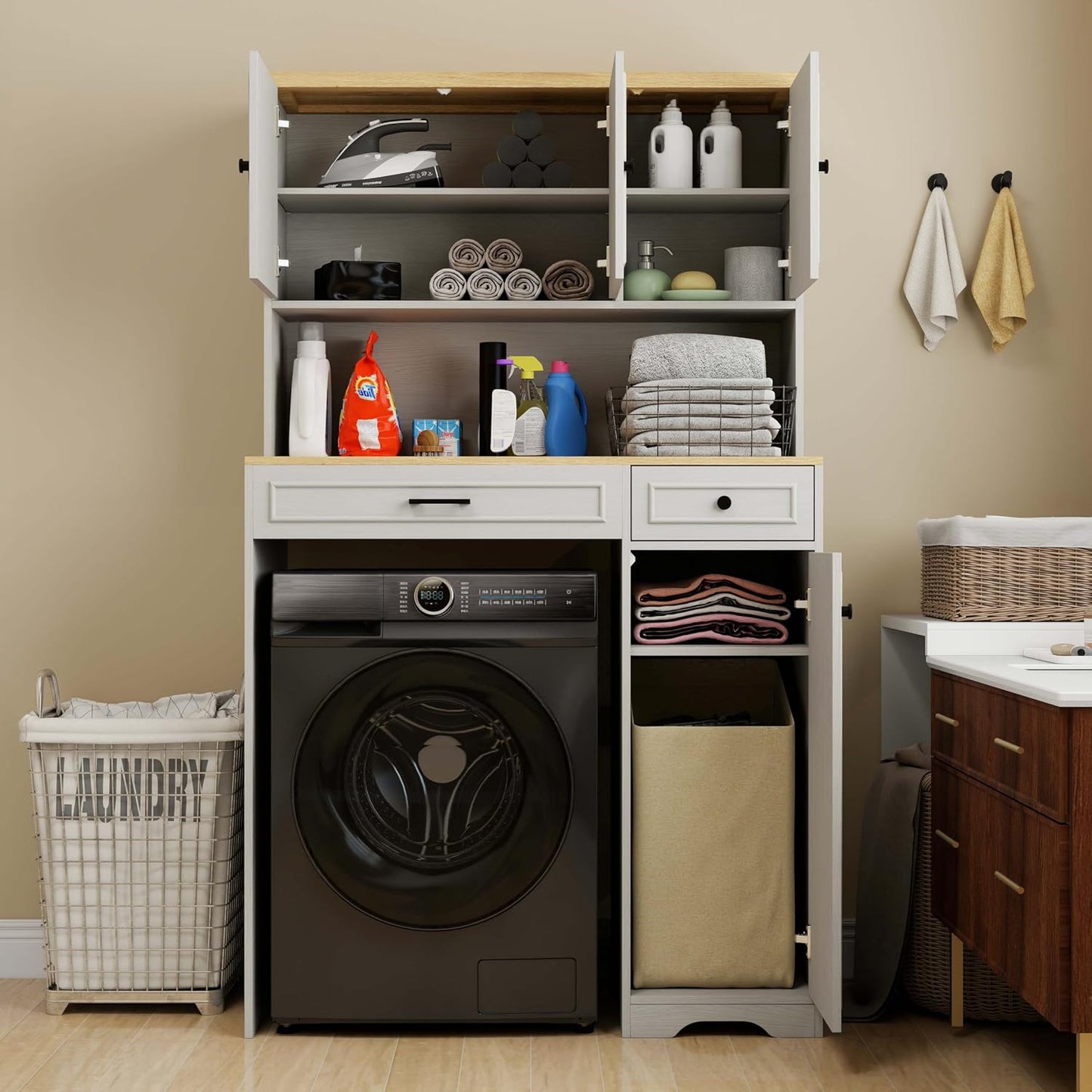 Laundry Room Storage Cabinet with Doors, Washer Dryer Countertop with Shelf & Laundry Basket, Over The Washer and Dryer Storage Shelf Cabinet for Bathroom, Easy Assembly (Large)