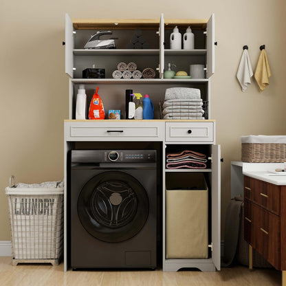 Laundry Room Storage Cabinet with Doors, Washer Dryer Countertop with Shelf & Laundry Basket, Over The Washer and Dryer Storage Shelf Cabinet for Bathroom, Easy Assembly (Large)