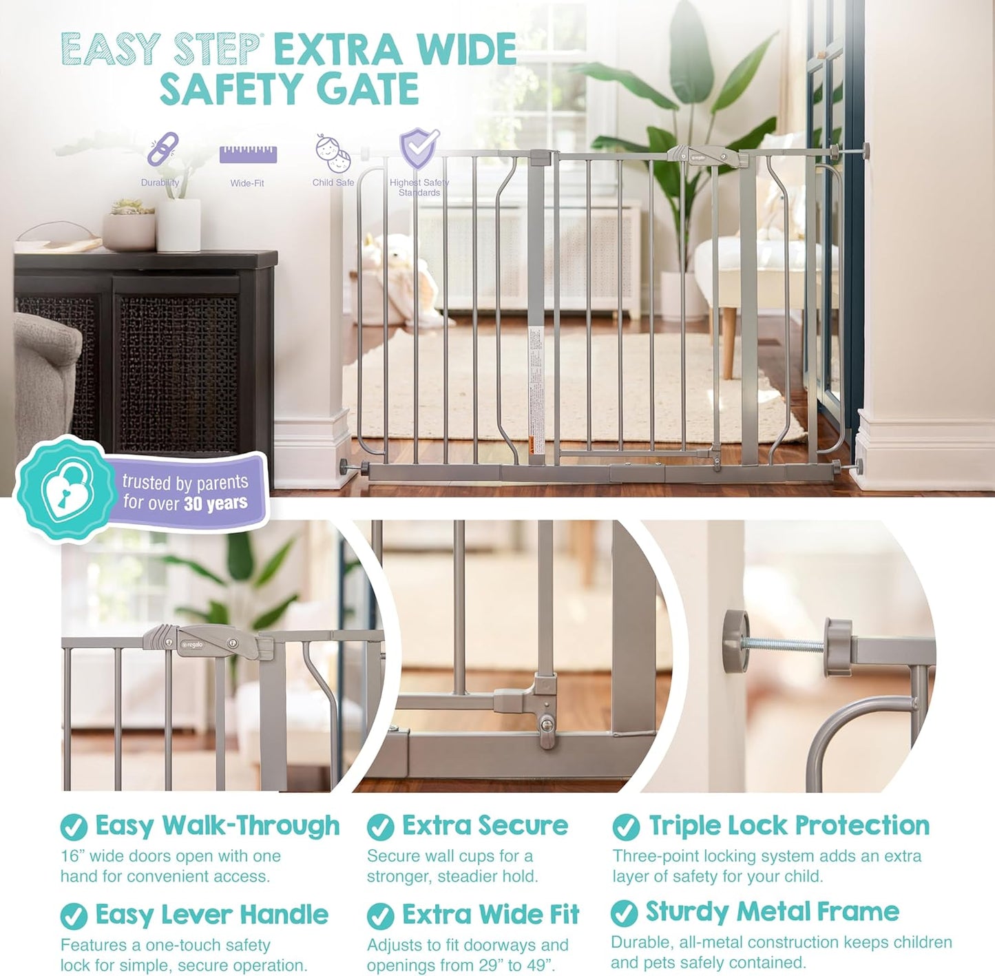 Regalo Safety 29-38.5" Baby Gate for Doorways & Bottom of Stairs, Pressure Mounted Baby Gate with Door for Babies, Toddlers & Pets, Tested & Safe for 30 Years, American Designed, American Owned, White