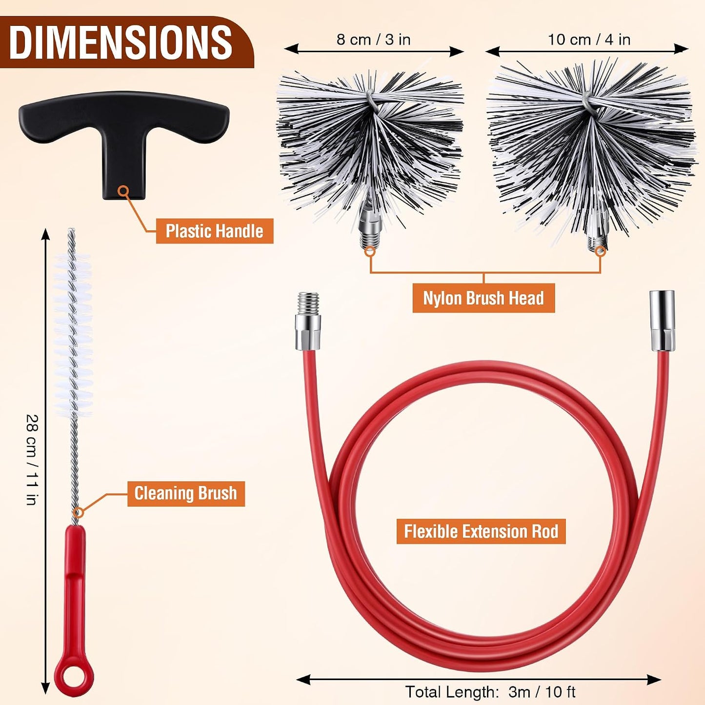 Feekoon Pellet Stove Cleaning Kit, 10 FT Flexible Steel Rod with 3" Brush Head, Flue Detail Cleaner, Pellet Stove Accessories for Vent Pipes Cleaning - Reduce Buildup & Improve Airflow