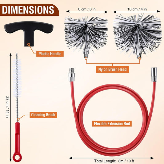 Feekoon Pellet Stove Cleaning Kit, 10 FT Flexible Steel Rod with 3" Brush Head, Flue Detail Cleaner, Pellet Stove Accessories for Vent Pipes Cleaning - Reduce Buildup & Improve Airflow
