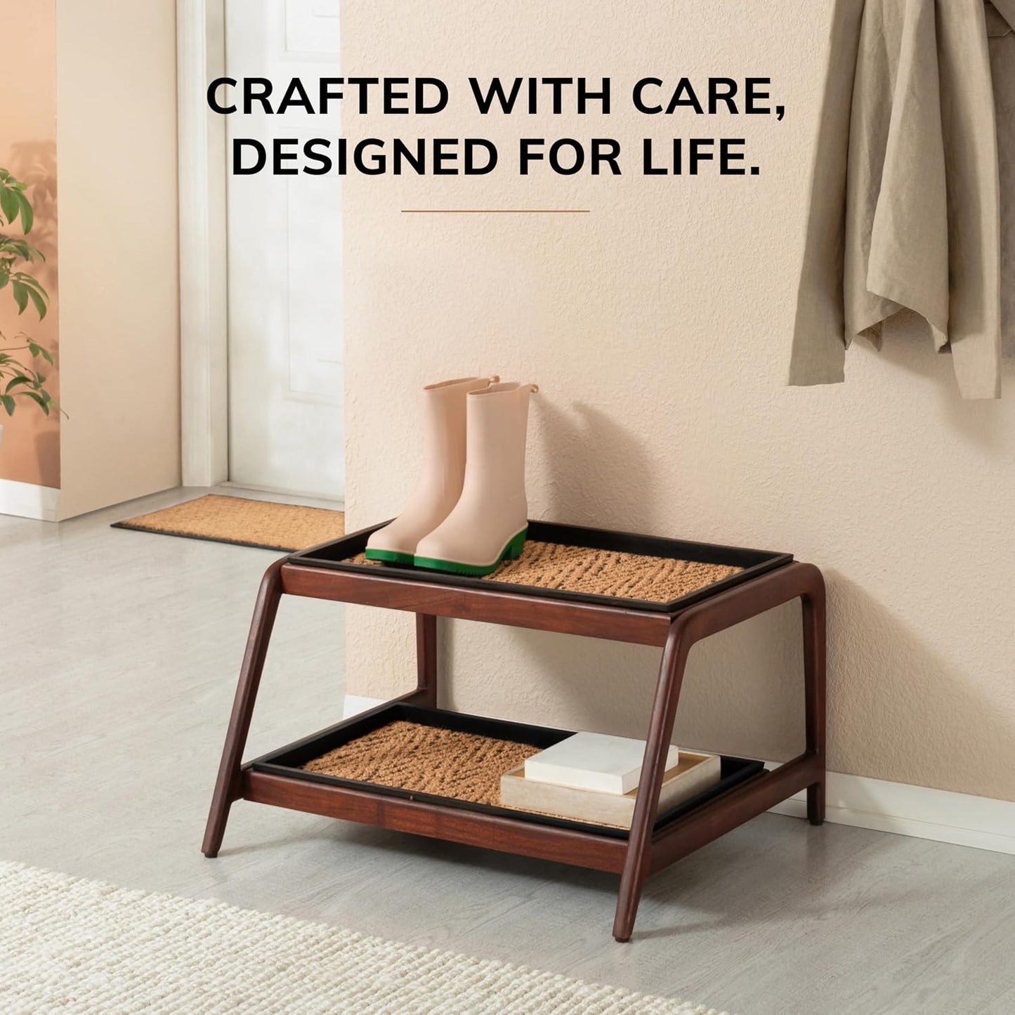 Anji Mountain Heavy Duty Waterproof Wooden Shoe Storage Mat Organizer/Boot Storage Tray Multi Use for Entryway with Coir, Gray and Ivory Insert, 1 Tier, Fits 2 Pair (26.5" Wide)
