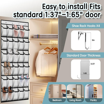 Kotkn Over the Door Shoe Organizer with 30 Breathable Mesh Pockets - Large Capacity Closet Storage for Men & Women, Hanging Shoe Rack Organizer (Gray)