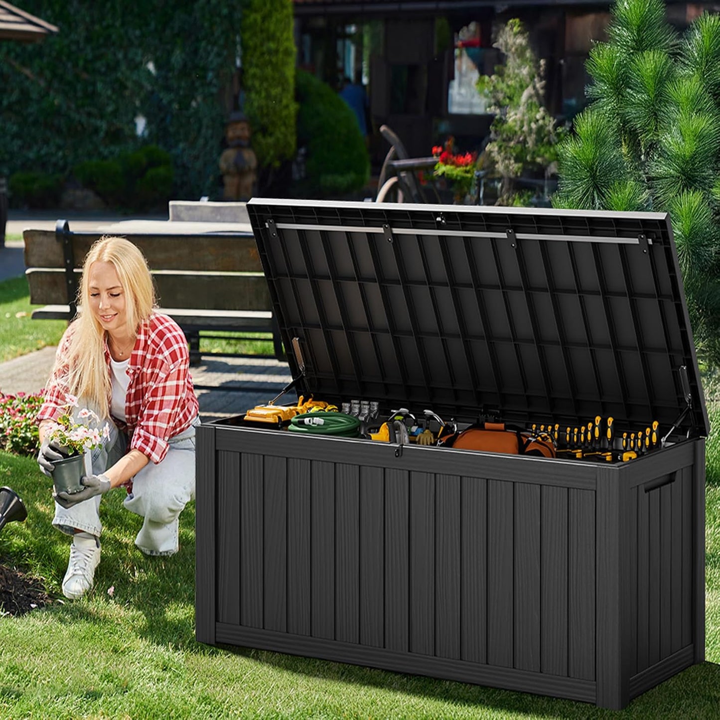 Outdoor Deck Storage Box,Resin Deck Boxes Indoor and outdoor, Waterproof Storage Box Lockable Lid (Black,35 Gallon)