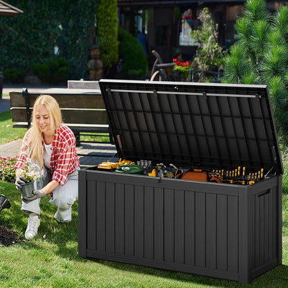 Outdoor Deck Storage Box,Resin Deck Boxes Indoor and outdoor, Waterproof Storage Box Lockable Lid (Black,35 Gallon)