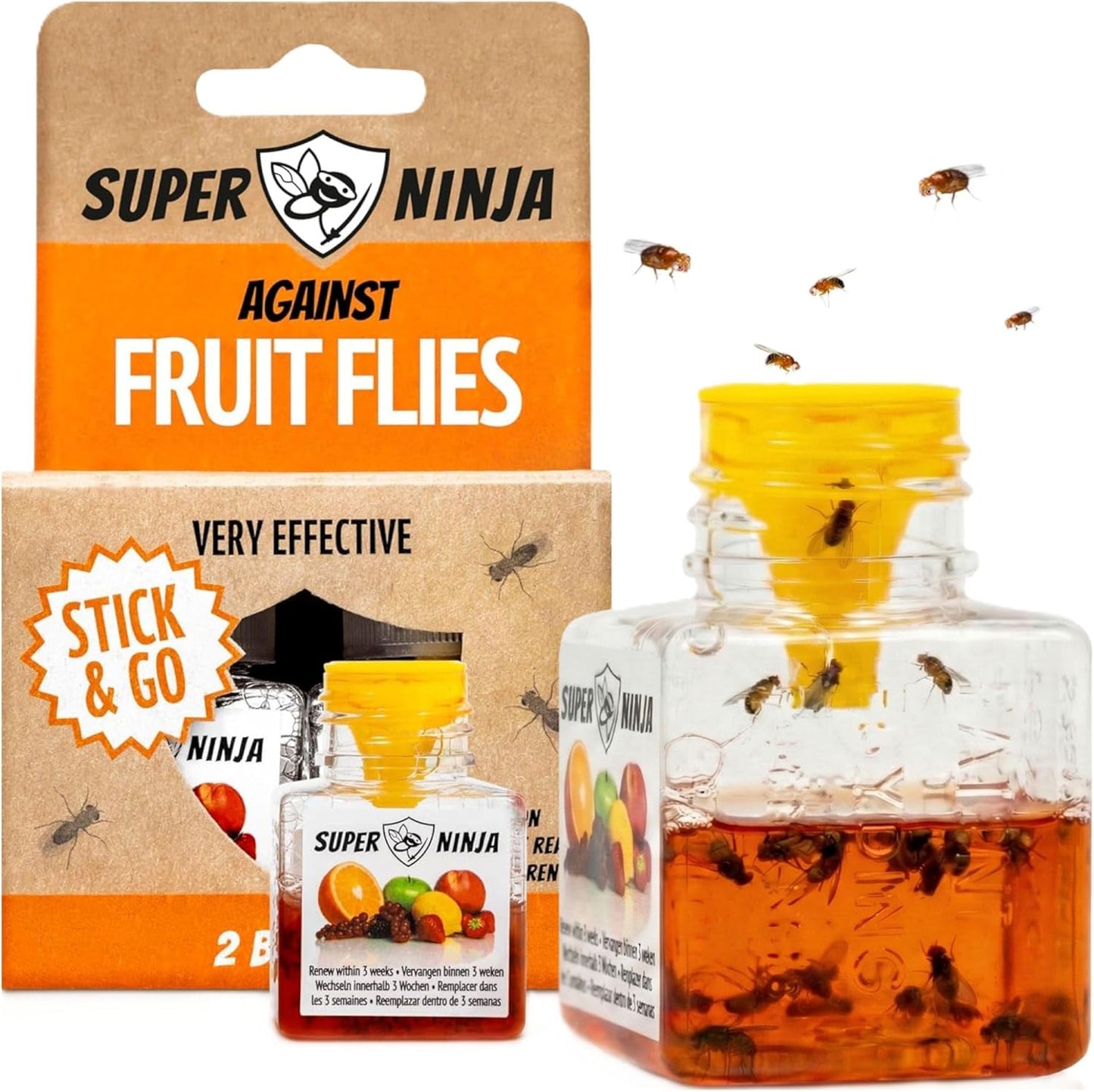 Super Ninja Fruit Fly Traps for Indoors - 4 Pack, Highly Effective Fruit Fly Catcher for Indoor Use for Home & Kitchen, Up to 3 Weeks of Performance per Bottle, Kid & Pet Friendly