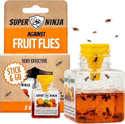 Super Ninja Fruit Fly Traps for Indoors - 4 Pack, Highly Effective Fruit Fly Catcher for Indoor Use for Home & Kitchen, Up to 3 Weeks of Performance per Bottle, Kid & Pet Friendly