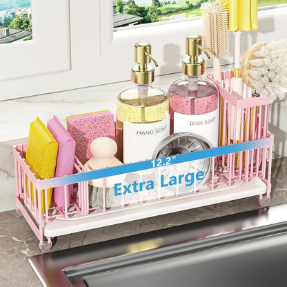 Cisily Extra Large Sink Caddy Organizer with Drying Stone, Black Sponge Holder for Kitchen, Dish Brush Holder for Countertop, Kitchen Decor Storage and Essentials