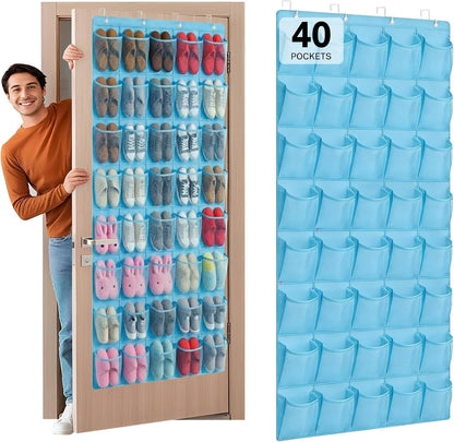 40 Large Mesh Pocket Over the Door Shoe Organizer,Hanging Shoe Rack for Door,Hualleko Shoes Organizer Hanger with Large Capacity, Shoes Storage Holder Sturdy Non-woven Fabric - Stores 20 Pairs (White)