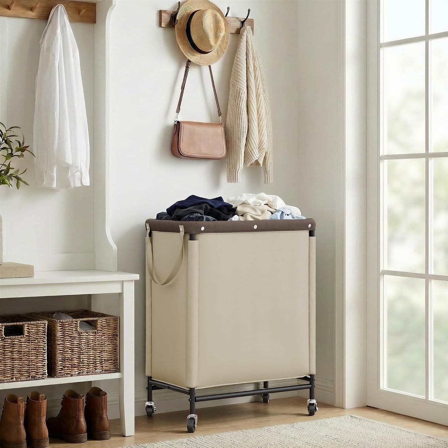 StorageWorks 3 Section Laundry Hamper, Rolling Laundry Cart with Wheels and Handles, Laundry Room Double Sorter for Organizer and Storage, 31.7 Gal(120L), Beige