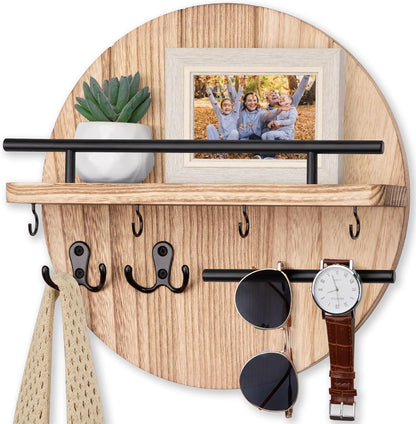 Nekon Key Holder Wall Mount, 11.8 Inch Rack With Shelf and 6 Hooks, Rustic Mail Organizer, Circular Wooden Hanger for Entryway Hallway Kitchen (Brown&Gold)