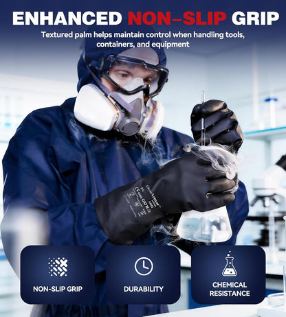 AnTools 2 Pairs Heavy-Duty Chemical Resistant Rubber Gloves, Protective Industrial Gloves for Cleaning, Dishwashing, Resist Acid, Alkali, Hazmat, Black, X-Large