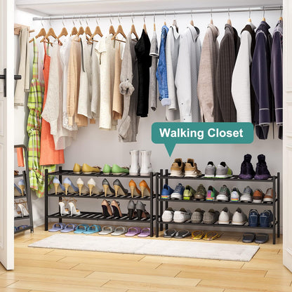 viewcare 3-Tier Black Bamboo Shoe Rack for Entryway, Stackable | Foldable | Natural, Shoe Shelf Storage Organizer for Hallway Closet, Free Standing Shoe Racks for Indoor Outdoor