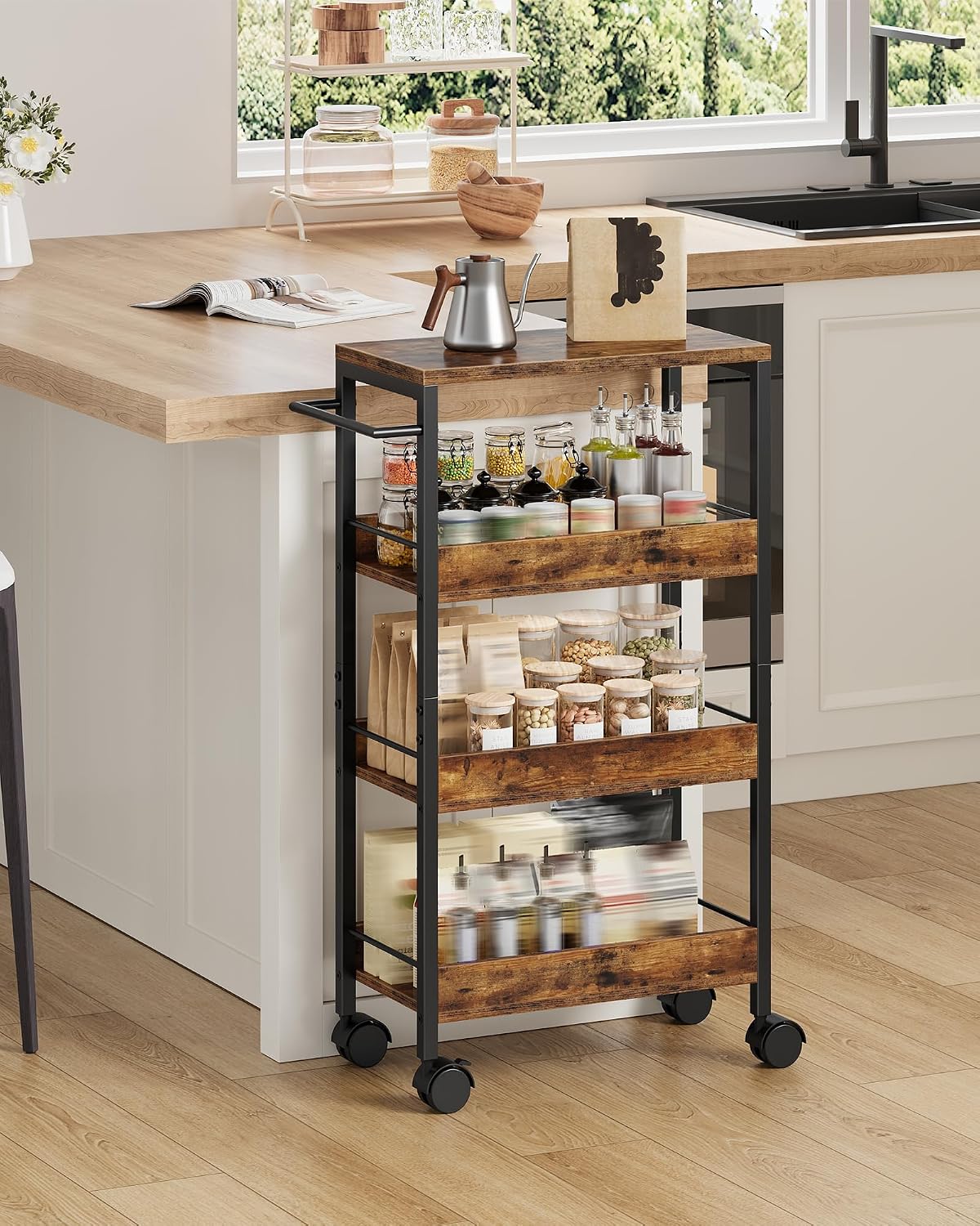 CHOEZON 4-Tier Slim Storage Cart, 5.1'' Kitchen Serving Trolley, Slim Rolling Cart with Handle and Guard Rails, Slim Cabinet for Small Spaces, for Dining Room, Rustic Brown and Black TTC01BF