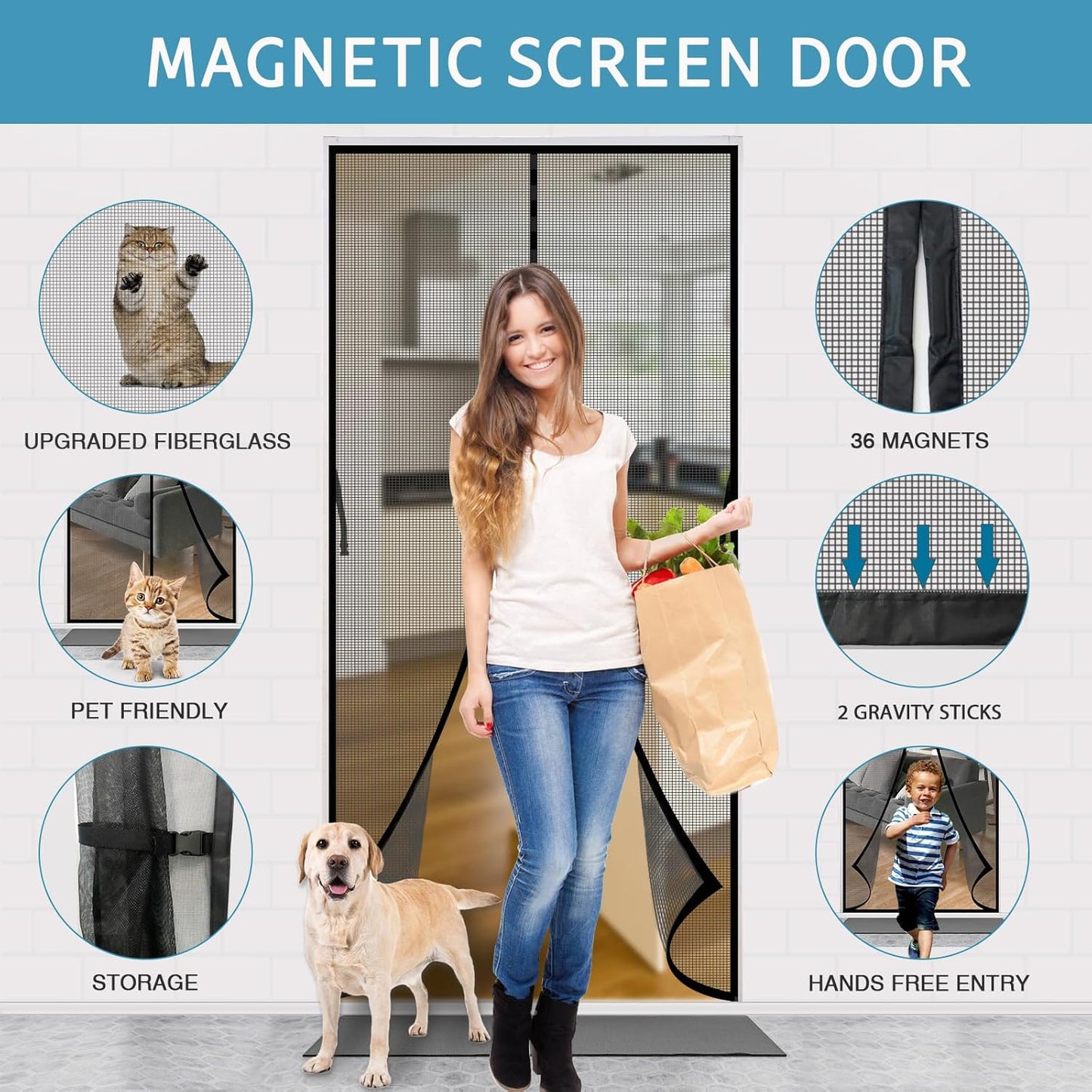 YRH Magnetic Screen Door with Stay Open Buckles - Door Curtains Heavy Duty Self-Sealing Mesh,Powerful Magnets (Fit for Door Size:36x82 Inch,Screen Itself Size:38x83 Inch, Black)