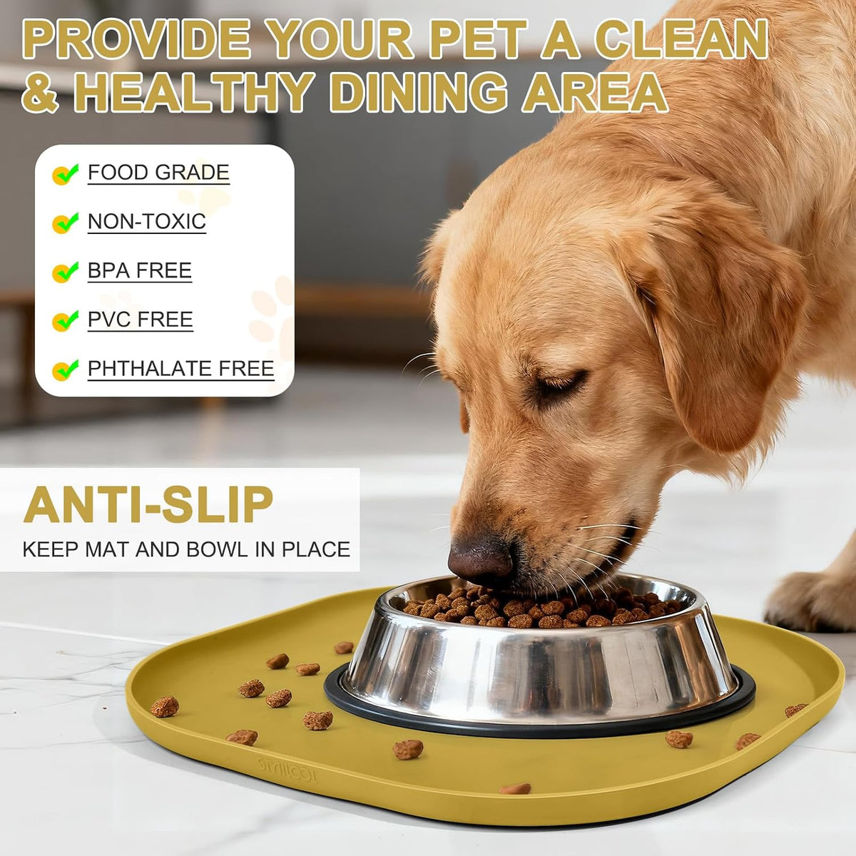 SMILOOL Silicone Pet Food Mat with Raised Edge for Food and Water Bowl, Dog Feeding Mats, Cat Food Trays for Floor Waterproof, Rubber Tray for Dogs and Cats, 19 x 12 x 0.7 Black