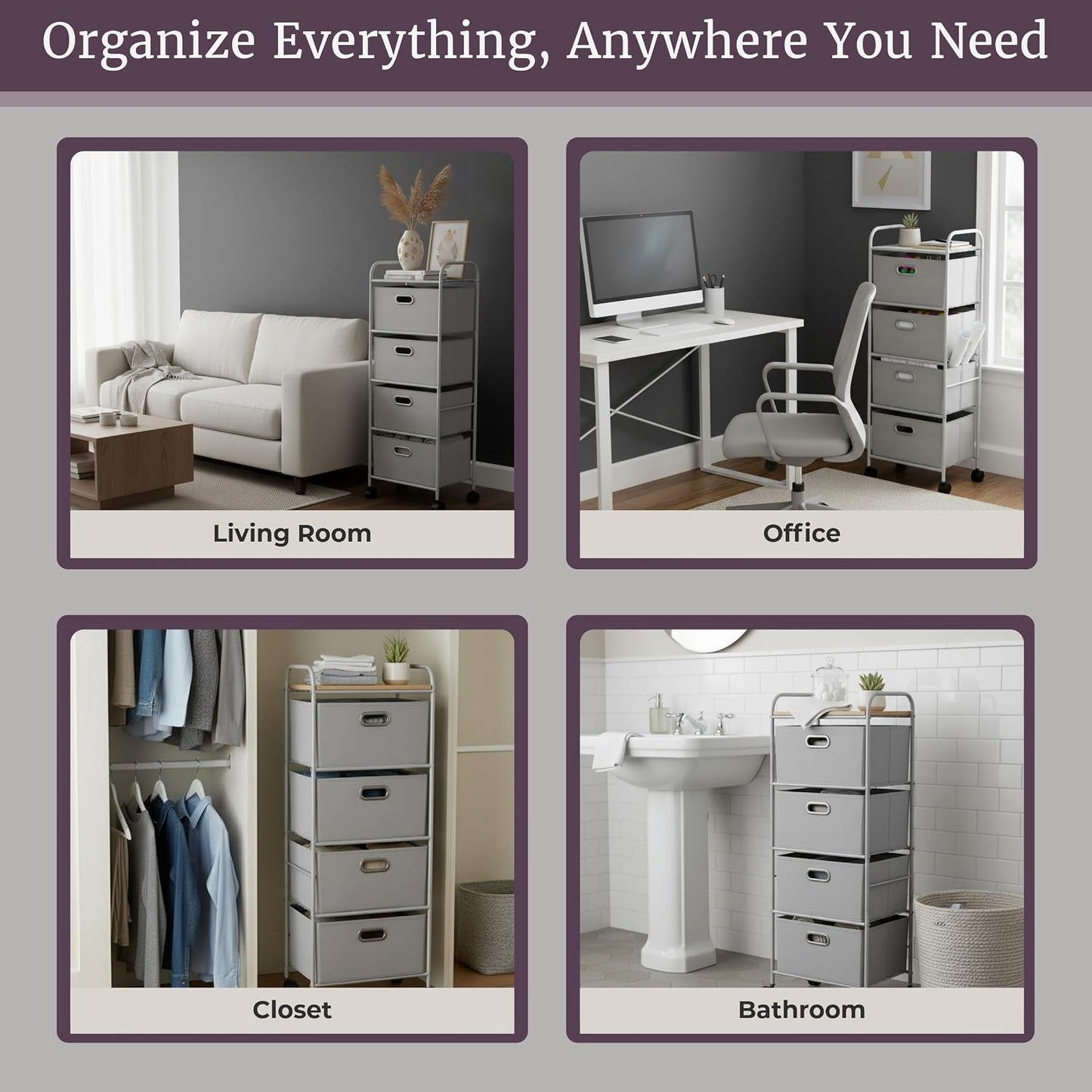 4-Drawer Fabric Dresser - Slim Clothes Storage Organizer with Wheels and Metal Frame - Rolling Cart for Closet, Home, or Office by Lavish Home (Gray)