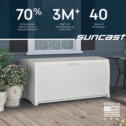 Suncast DBW9200 99 Gallon Outdoor Wicker resin Patio Storage Chest Bin with Handles for Patio, Garden, Garage, or Pool for All Weather, Mocha