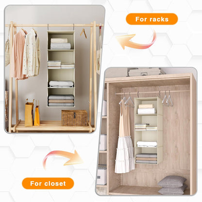 Hanging Closet Organizer 3-Shelf, Oxford Fabric Wardrobe Storage, Gray | Easy-mount foldable design holds clothes, handbags, shoes & accessories; washable Oxford fabric, sturdy and space-saving.