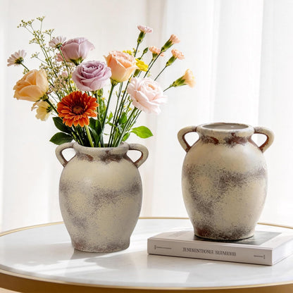 Ceramic Vase Set of 2, 7.1" Handcrafted Rustic Flower Vases for Modern Home Decor, Boho Farmhouse Decorative Vases for Living Room, Table, Shelf, Ideal Gift for Mother's Day, Birthday, Housewarming