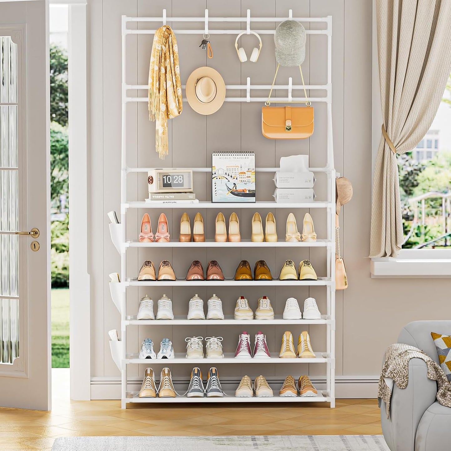OYREL Shoe Rack, 5 Tier Shoes Storage Organizer, with Functional Hooks and Side Pocket, 20-25 Pairs, for Closet/Entrance/Entryway, Sneaker and Boot Stackable Free Standing Shoe Rack