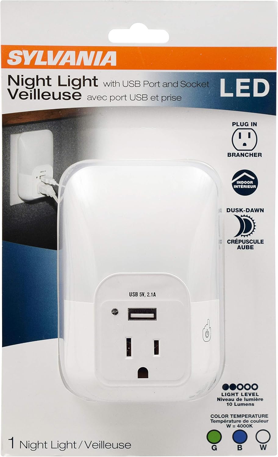 LEDVANCE Sylvania LED Mini Automatic Plug-in Night Light with Sensor, Motion Activated, Dusk to Dawn, Warm White, Plug-in Type - 1 Pack (64988)