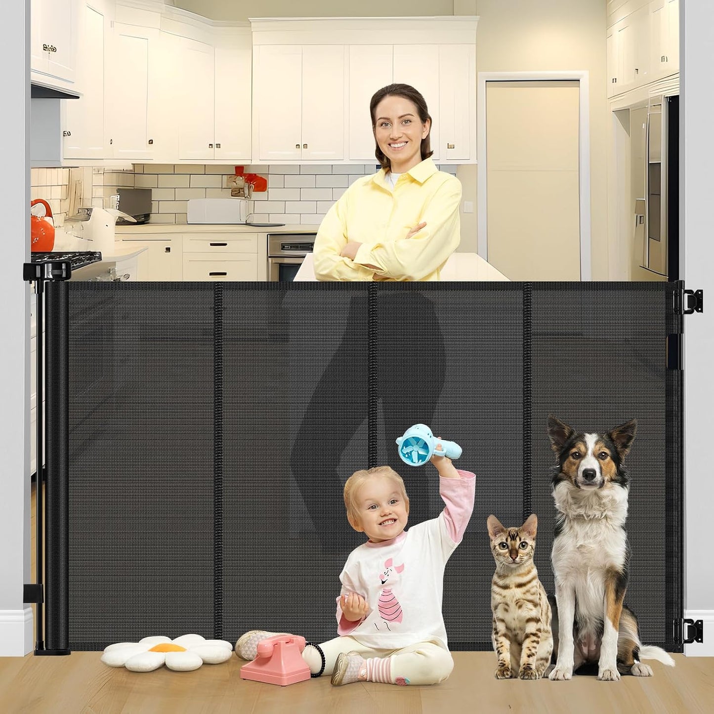 42 Inch Extra Tall Retractable Baby Gates with Reinforced Strips 55 Inch Wide Outdoor Retractable Dog Gate No Sag Extra Tall Baby Gate for Doorway Anti-Scratch Mesh Gates for Kids or Pets, White