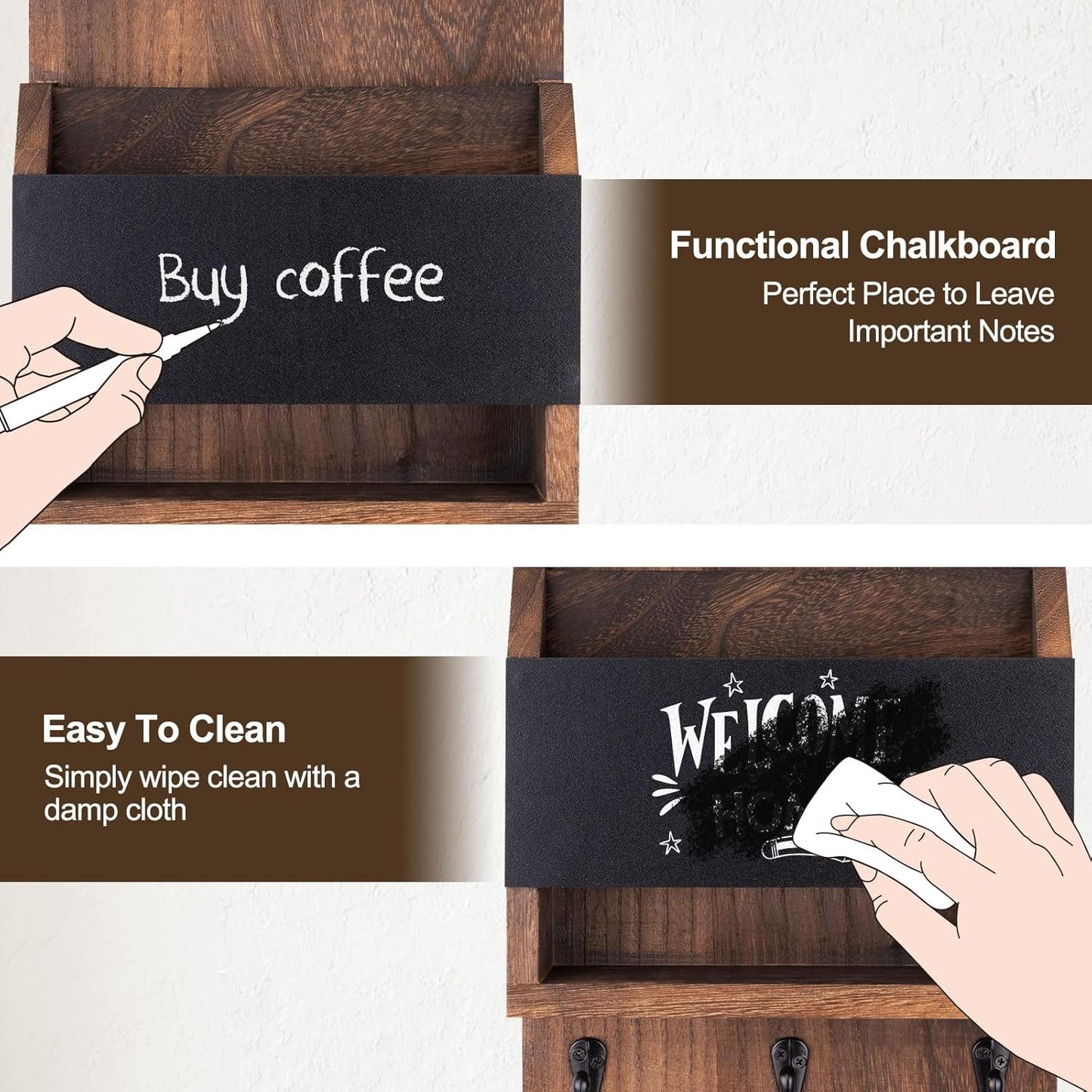 Key and Mail Holder for Wall, Key Holder with Chalkboard and Long Storage Box, Key Hanger with 3 Sturdy Hooks for Coat, Dog Leash, Entryway Mail Organizer (Black)