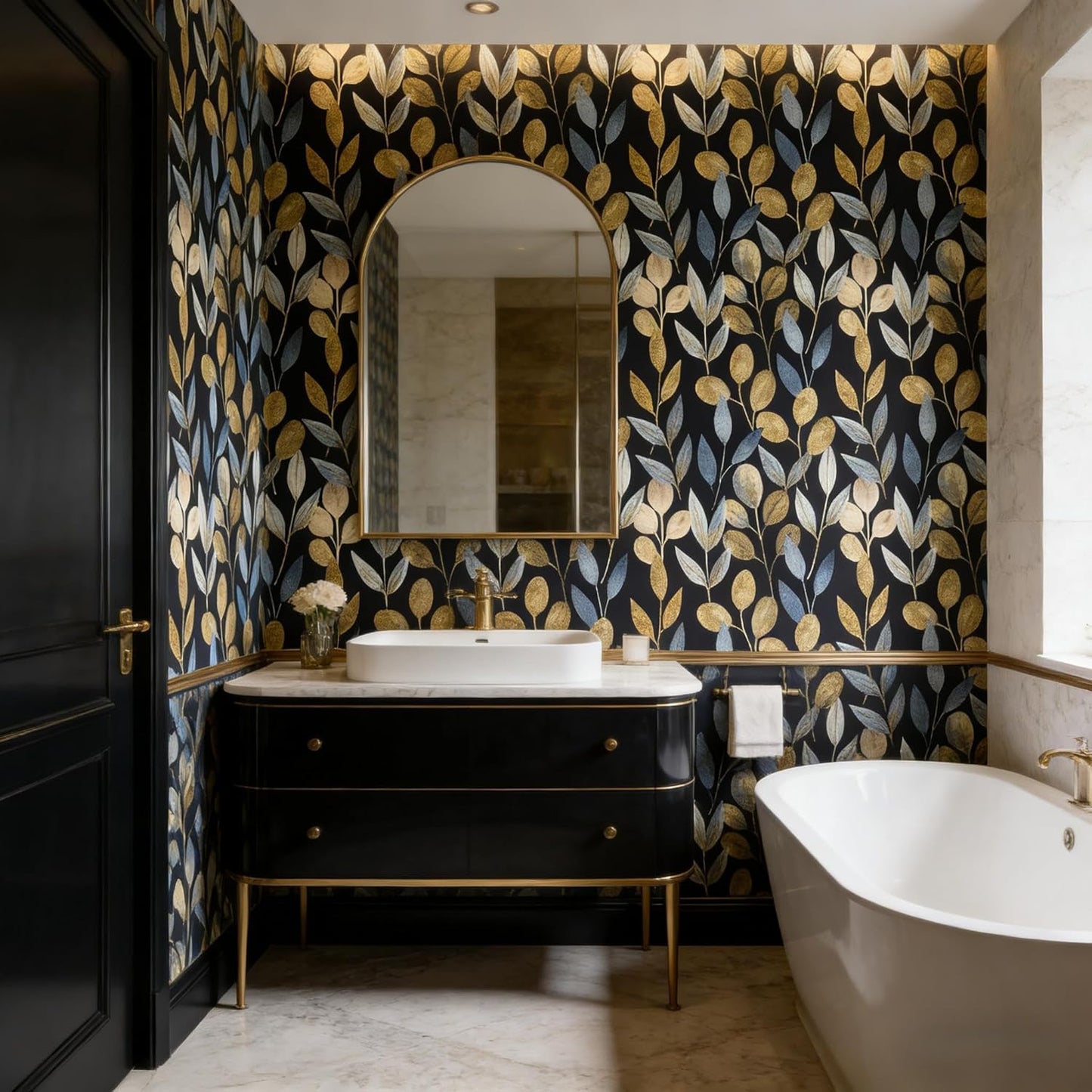 Blue Gold Leaf Peel and Stick Wallpaper Modern Self Adhesive Contact Paper Waterproof Removable Wall Paper for Bathroom Living Room 17.7"x70.8" Luxury Decorative Wallpaper