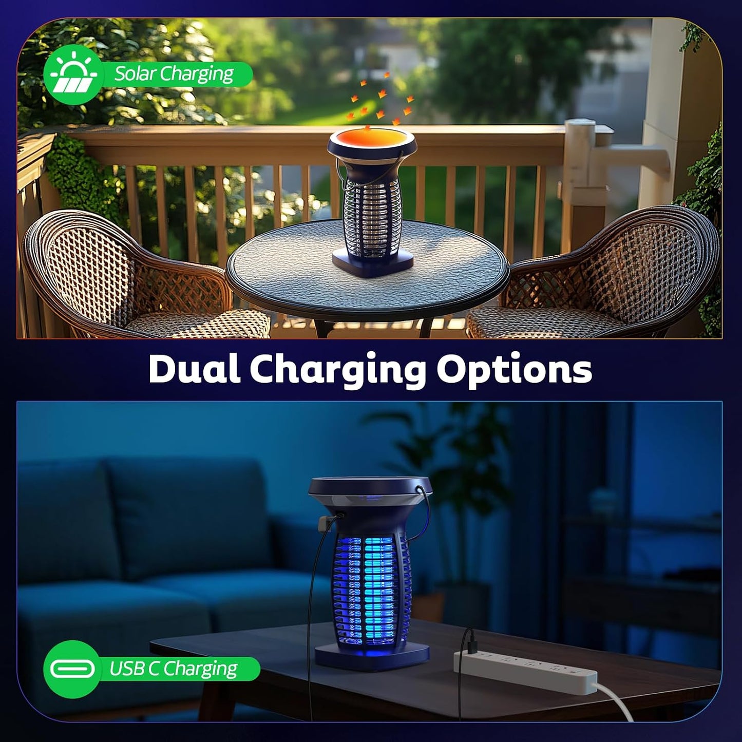 OnBeam Solar Bug Zapper Outdoor, 4200V Electric Mosquito Killer for Patio | Solar & USB-C Charging, IPX5 Waterproof, Auto Mode, SOS Light, Indoor Fly Trap for Home, Backyard, Garden, Camping