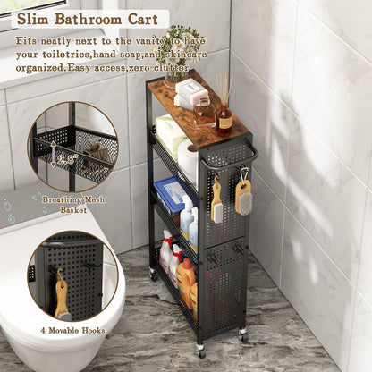 Utility Slim Storage Cart 4 Tier Small Rolling Kitchen Laundry Room Organization Cart with Wood Top Metal Narrow Laundry Room Shelves Cabinet Unit Laundry Organizer Trolley with Handle for Small space