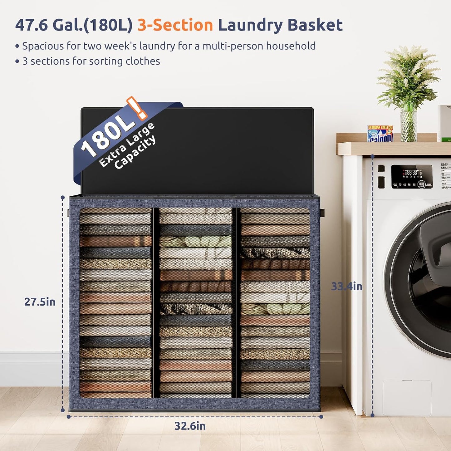 SOLEDI 180L Laundry Hamper 3 Section, Extra Large Laundry Hamper with Lid, Dirty Clothes Hamper with Sturdy Handle, Large Laundry Basket Organizer for Laundry Room, Bedroom, Hampers for Laundry