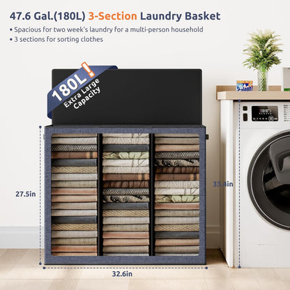 SOLEDI 180L Laundry Hamper 3 Section, Extra Large Laundry Hamper with Lid, Dirty Clothes Hamper with Sturdy Handle, Large Laundry Basket Organizer for Laundry Room, Bedroom, Hampers for Laundry