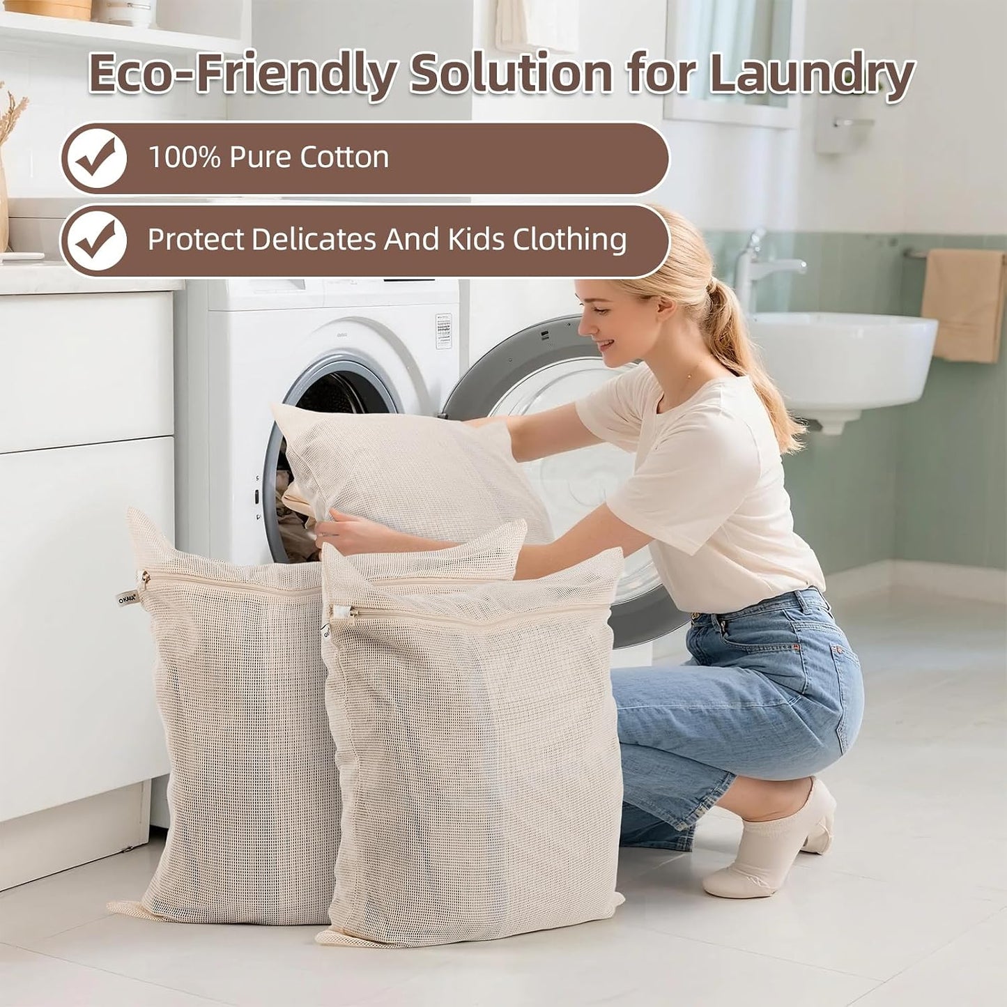 100% Cotton Mesh Laundry Bags, Premium Soft, No Dye, Set of 4, Natural