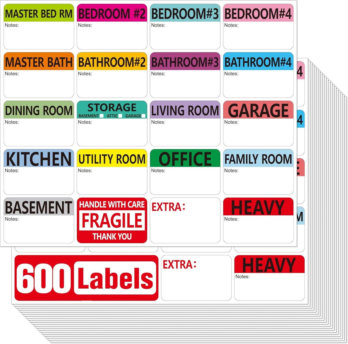 Hebayy 500 pcs 20 Designs Pre-Printed Color-Coded Home Moving Packing Box Labels with Writable Notes Areas, Each Measures 2” x 3”