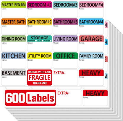 Hebayy 500 pcs 20 Designs Pre-Printed Color-Coded Home Moving Packing Box Labels with Writable Notes Areas, Each Measures 2” x 3”