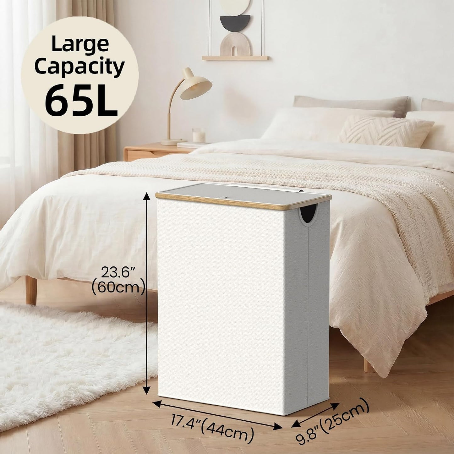 efluky Slim Laundry Basket with Lid, Narrow Laundry Hamper with Removable Bag, Skinny Dirty Clothes Basket with Bamboo Handles for Bathroom, Bedroom & Laundry Room, 75L Beige