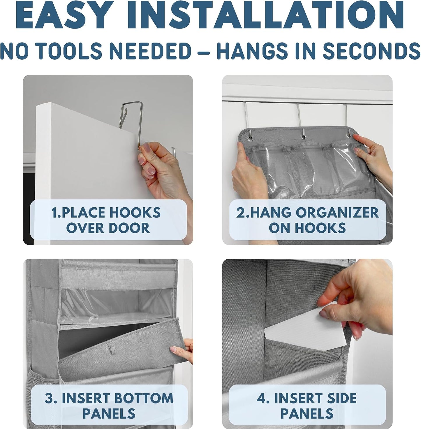 Over The Door Organizer with 5 Large Pockets, 5-Tier Hanging Storage | 5 Large & 6 Side Pockets, Behind Door Storage, 50 lbs Capacity, For Closet, Nursery, Bathroom