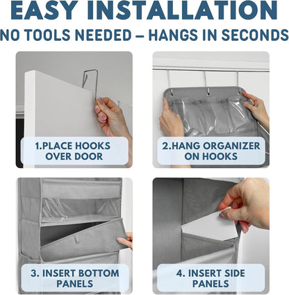 Over The Door Organizer with 5 Large Pockets, 5-Tier Hanging Storage | 5 Large & 6 Side Pockets, Behind Door Storage, 50 lbs Capacity, For Closet, Nursery, Bathroom